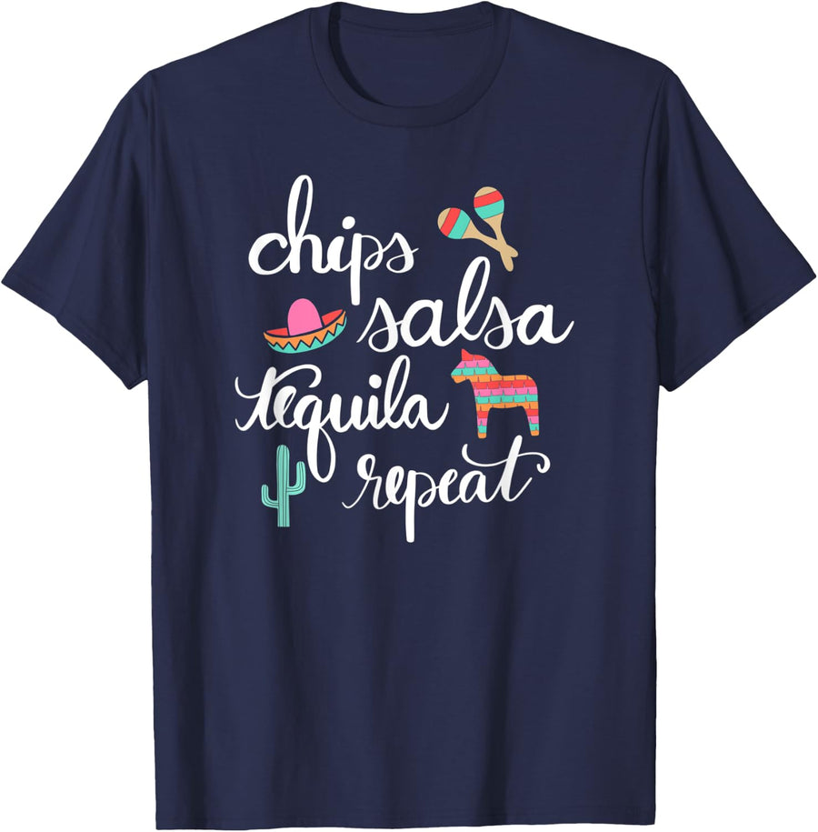 Chips Salsa Tequila Repeat Cinco De Mayo T-Shirt - Navy Blue