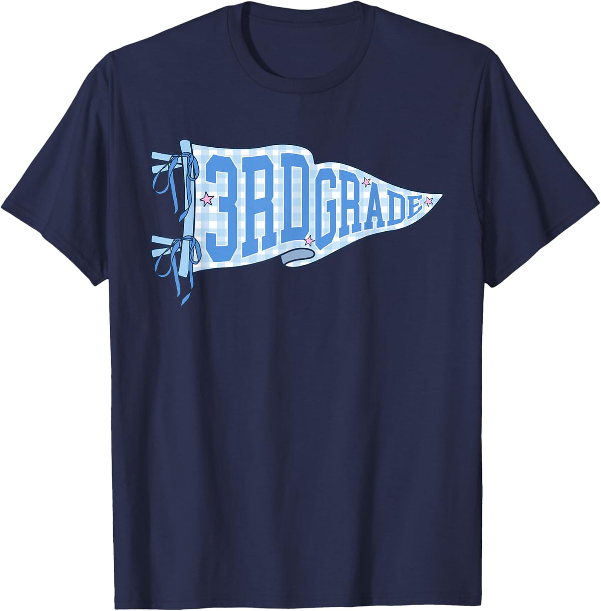 Blue Gingham Pennant Flag First Day of 3rd Grade for Teacher T-Shirt - Navy Blue