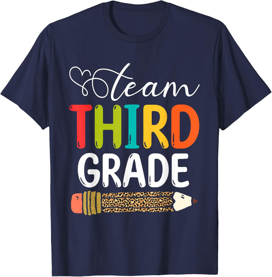 Team Third Grade Leopard Pencil 3rd Grade Teacher Student T-Shirt - Navy Blue