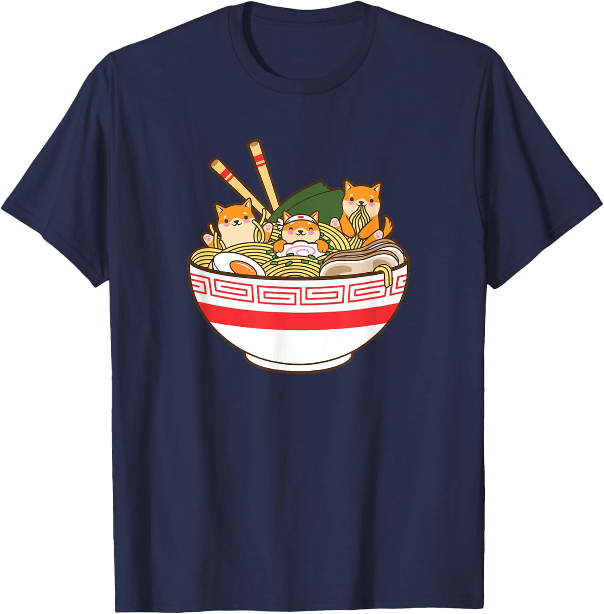 Shibas Eating Ramen Noodles - Kawaii Japanese Food Anime T-Shirt - Navy Blue