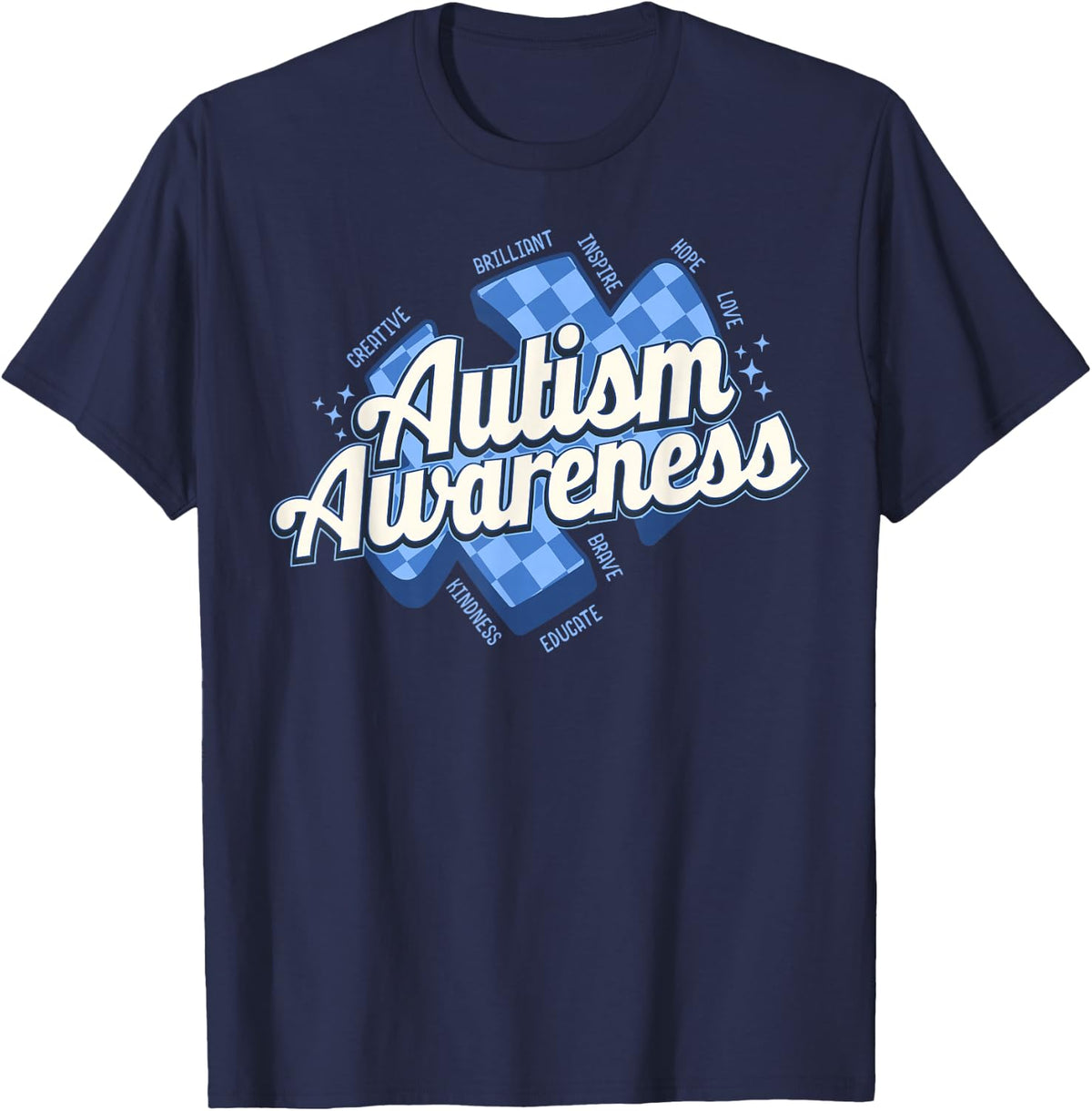 Autism Awareness Checkered April Neurodiversity Sped Teacher T-Shirt - Navy Blue