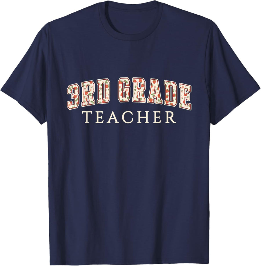 3rd Grade Teacher Strawberry Varsity Letters Third Grade T-Shirt - Navy Blue