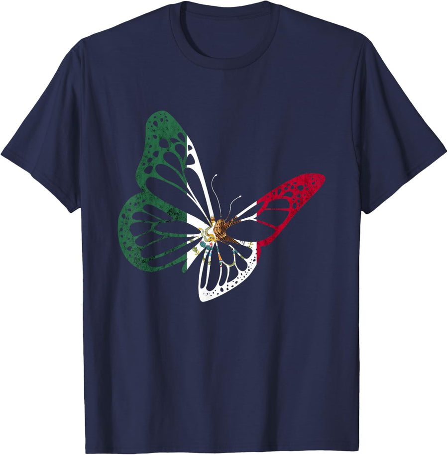 Mexico Mexican Flag Butterfly Mexican Roots Mexican Pride T-Shirt - Navy Blue