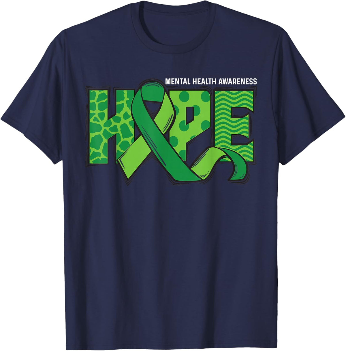 Hope Green Ribbon Mental Health Awareness T-Shirt - Navy Blue