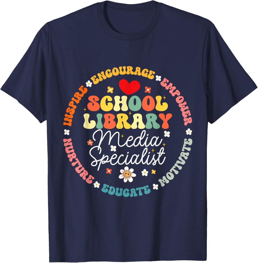Groovy Appreciation School Library Media Specialist Team T-Shirt - Navy Blue