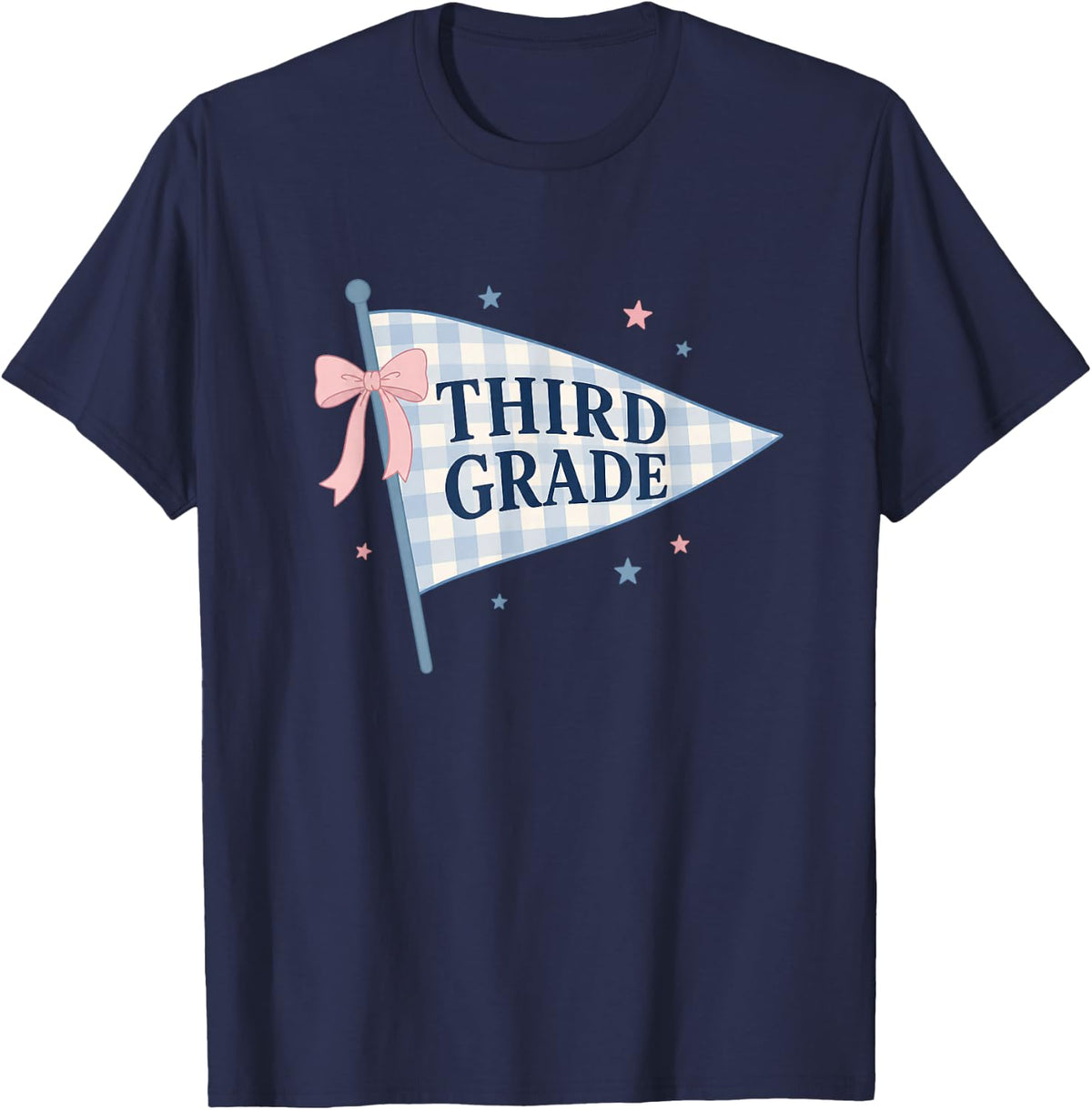 Third Grade Teacher Gingham Pennant Bow Back to School T-Shirt - Navy Blue