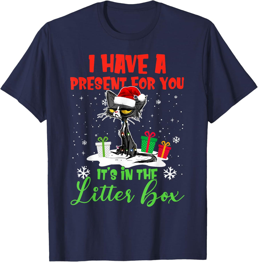 I Have A Present For You It's In The Litter Box Black Cat T-Shirt for Men Women - Navy Blue