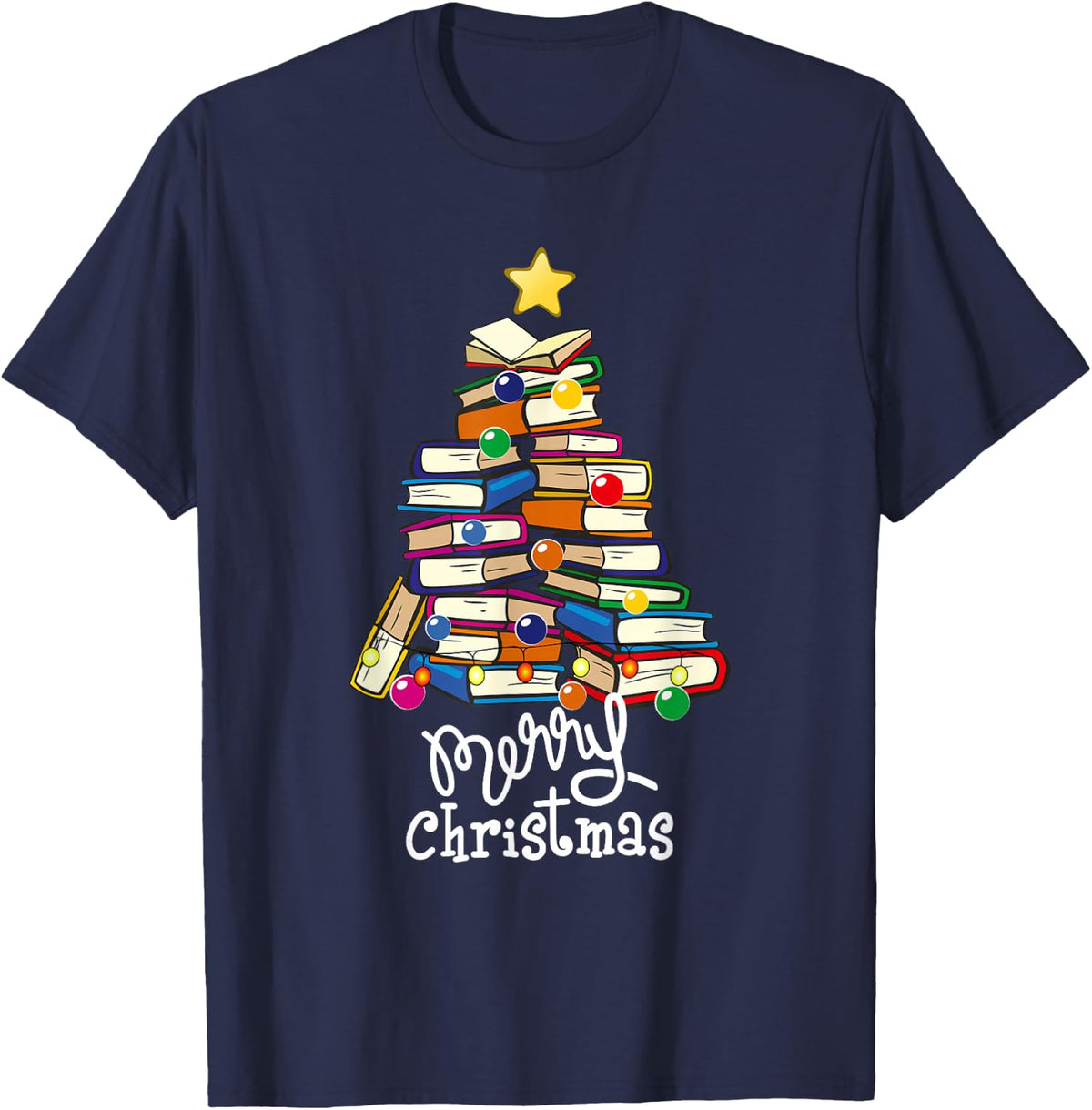 Merry Christmas Tree Love Reading Books Librarian Nerd T-Shirt - Navy Blue