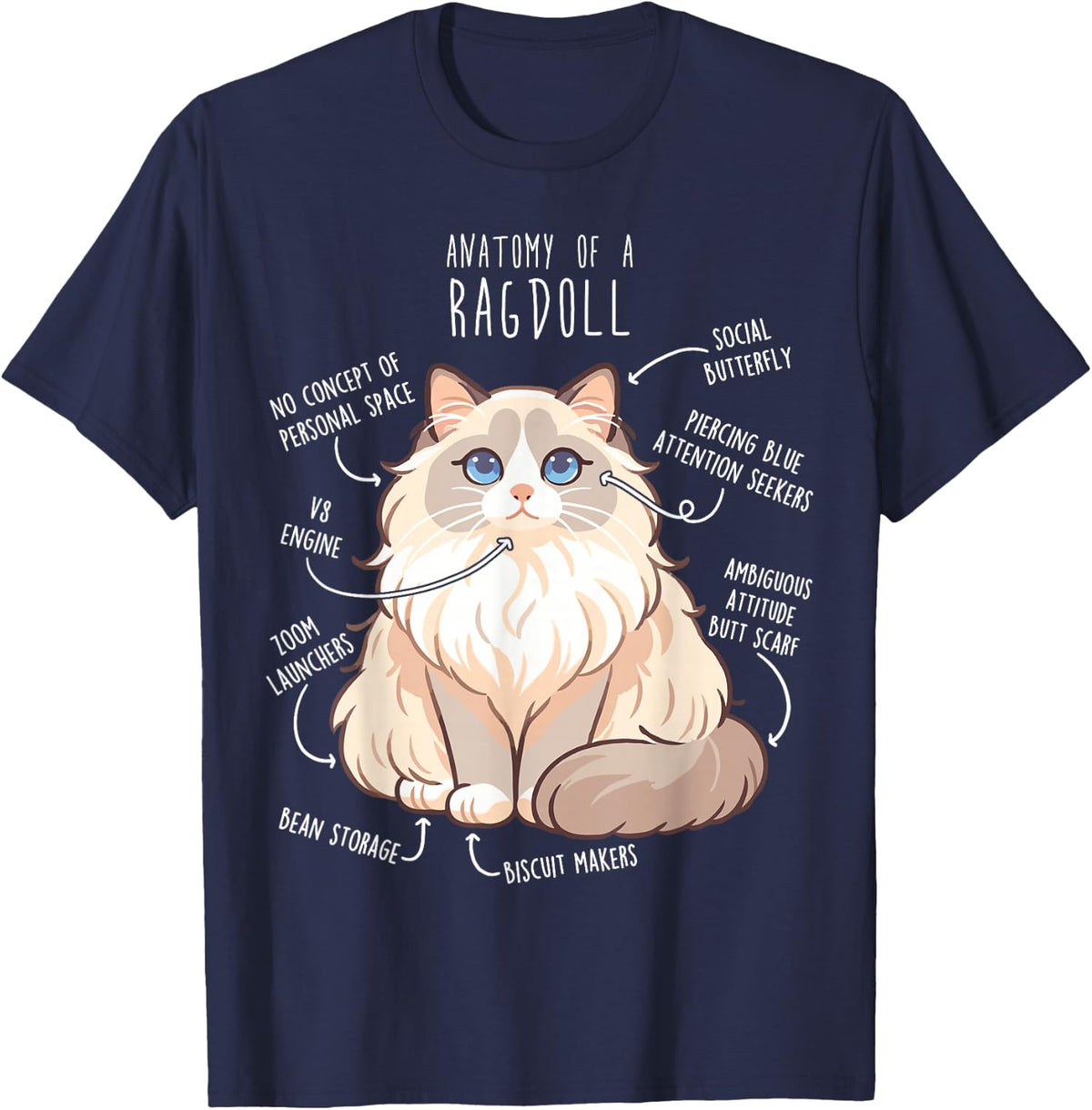 Ragdoll Cat Anatomy, Funny Cute Pet Mom Dad, Cream Bicolor T-Shirt - Navy Blue
