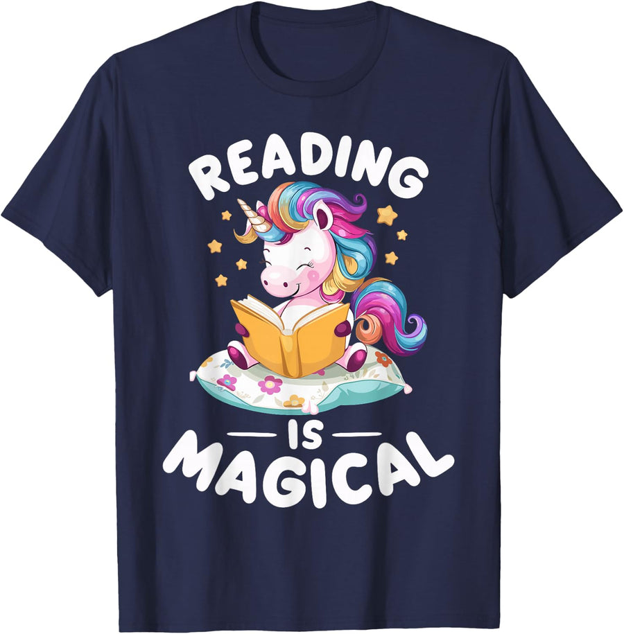 Teacher Reading is Magical Unicorn Book T-Shirt Tee for Women Librarians - Navy Blue