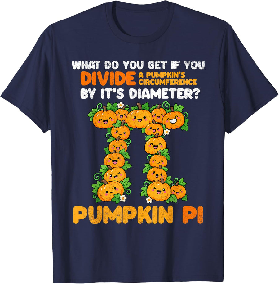 Funny Pumpkin Pi Math Teacher Halloween Thanksgiving Day T-Shirt - Navy Blue