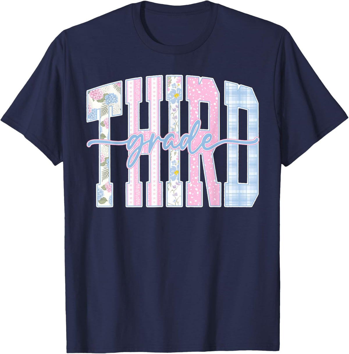 Back to School Third 3rd Grade Floral Teacher Girl T-Shirt - Navy Blue