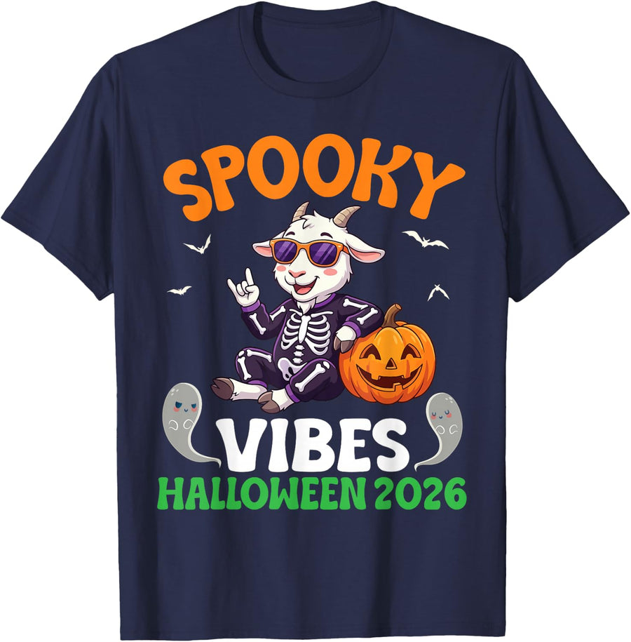 Spooky Vibes Halloween 2026 Rocking Goat Skeleton Pumpkins T-Shirt - Navy Blue