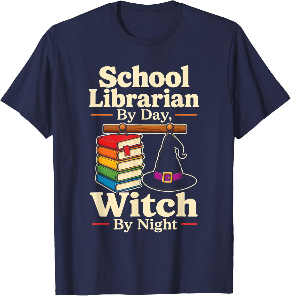 School Librarian By Day Witch By Night Halloween T-Shirt - Navy Blue