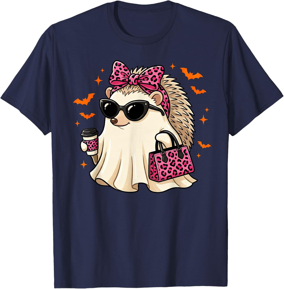 Funny Hedgehog Ghost Leopard Halloween Womens Mens Kids T-Shirt - Navy Blue