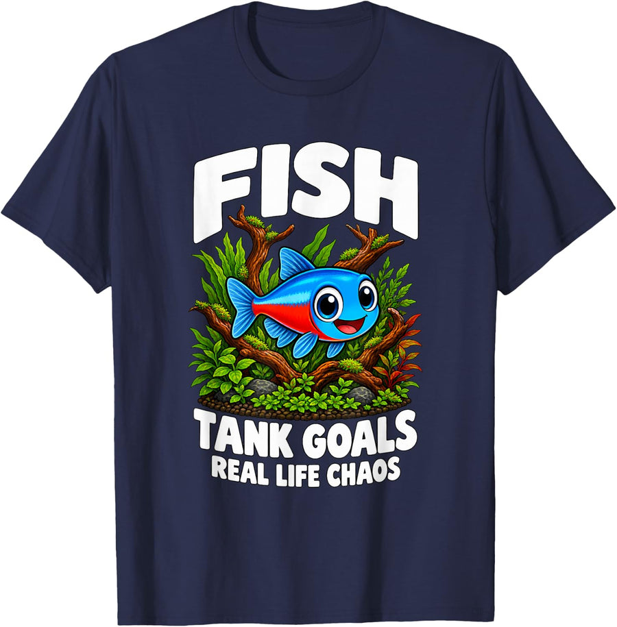 Fish Tank Goals Real Life Chaos Funny Aquarium T-Shirt - Navy Blue