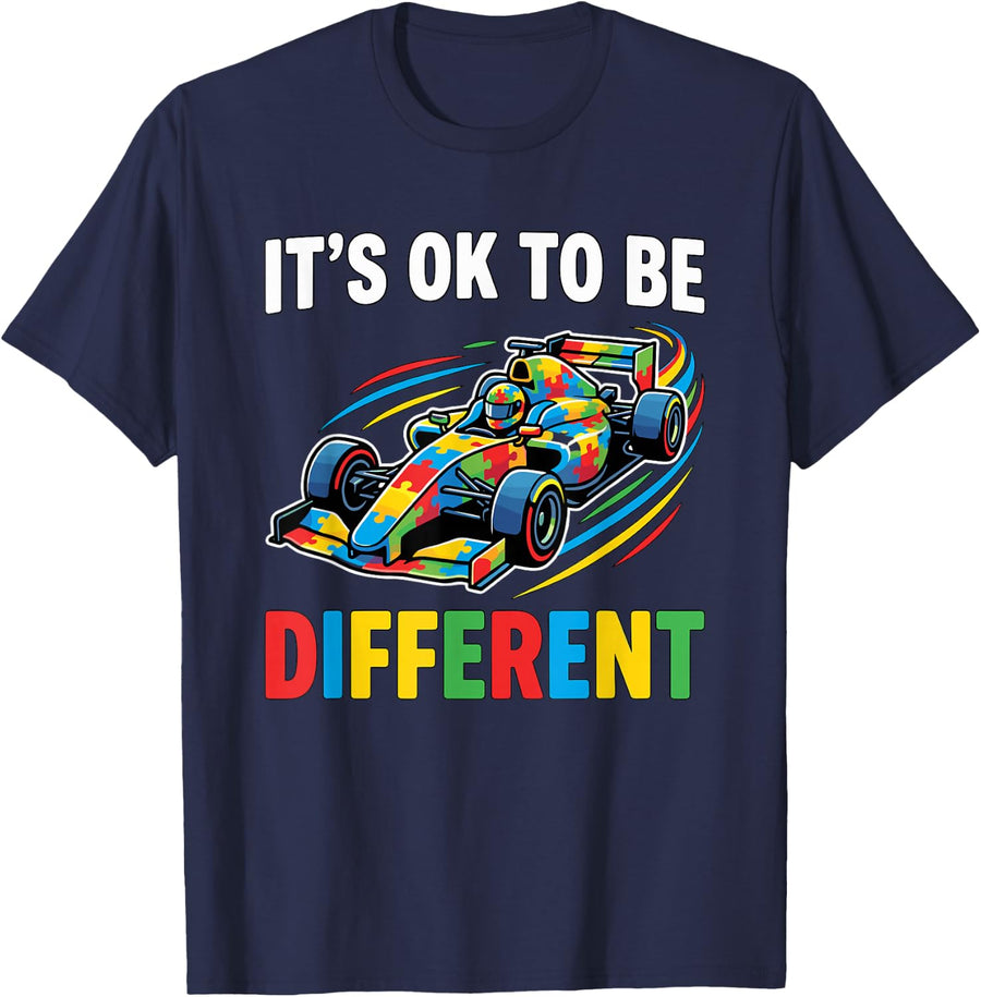 It's Ok to Be Different Autism Racing Car Awareness Tee T-Shirt - Navy Blue