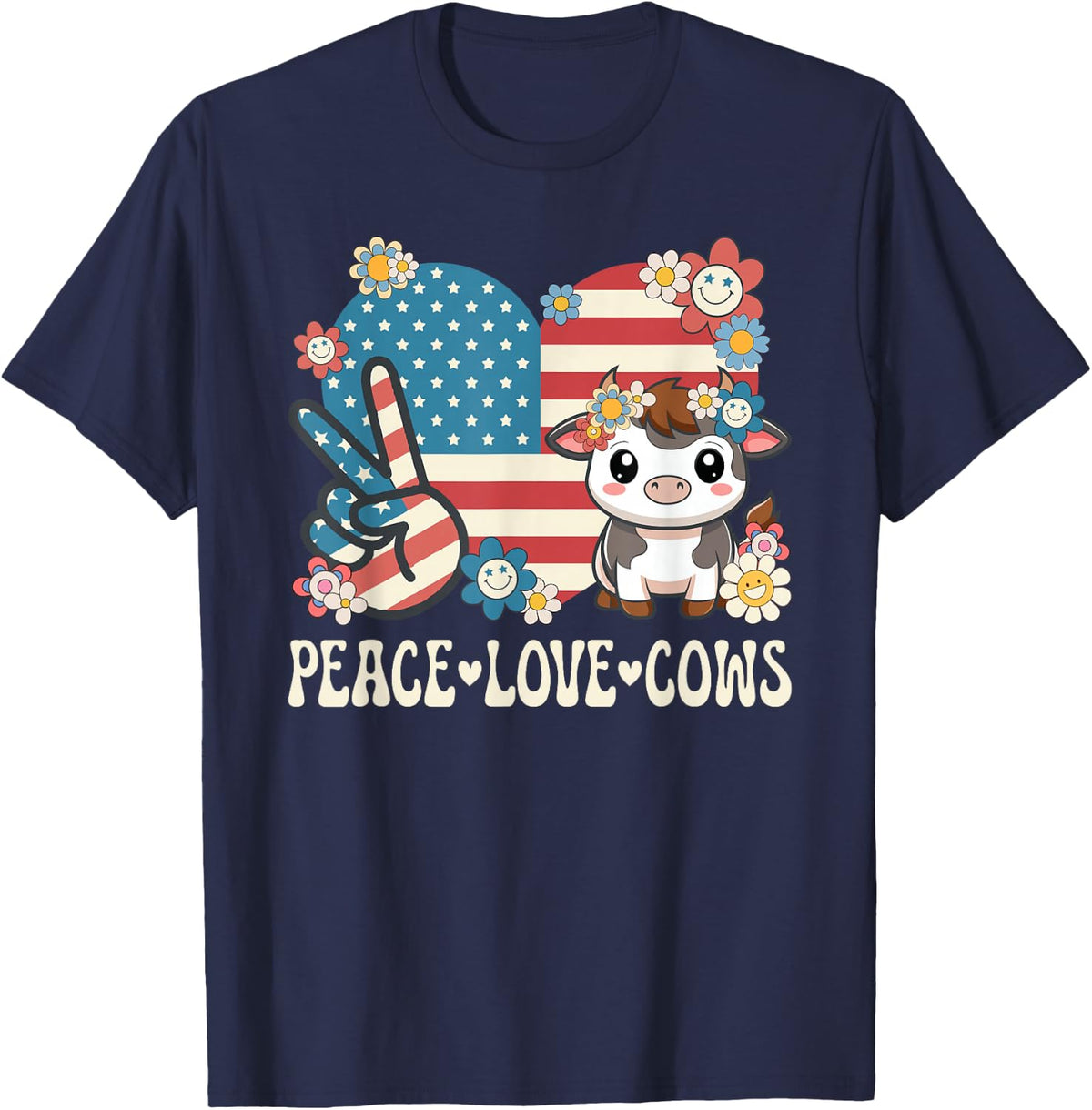 Peace Love Cows American Flag Patriotic Cow Lover Retro Cow T-Shirt - Navy Blue