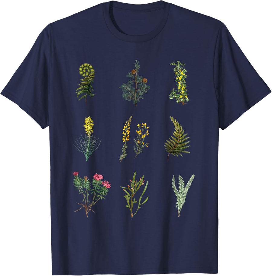Vintage Botanical Plants Fern Flowers Cypress Tree Aesthetic T-Shirt - Navy Blue