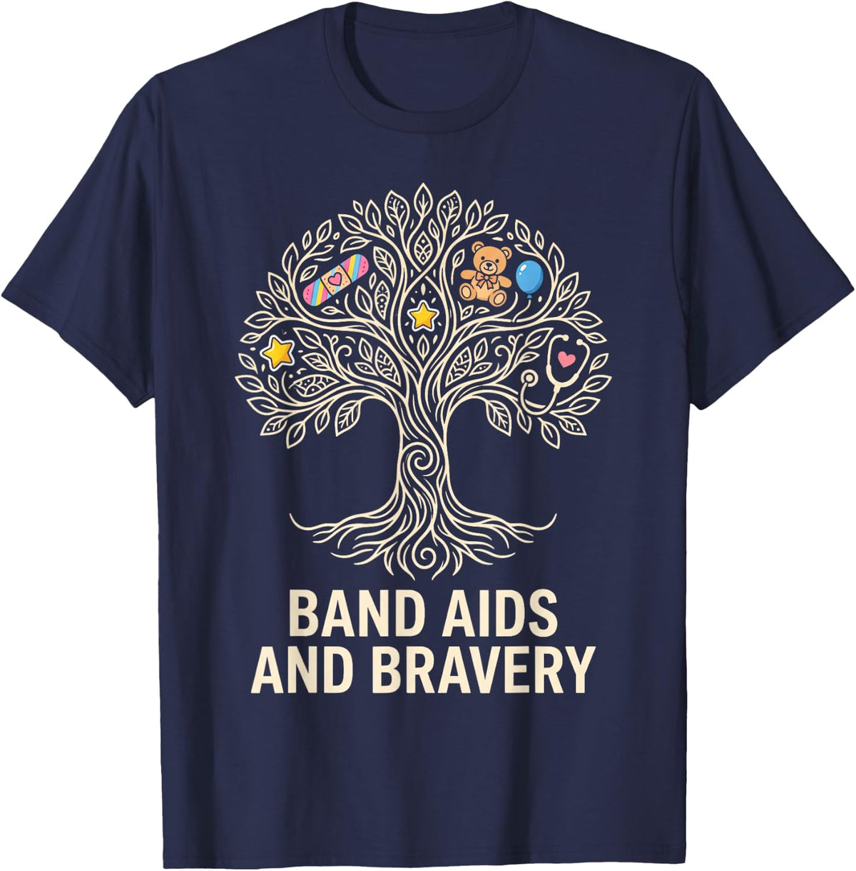 Band Aids and Bravery Pediatric Nurse Roots T-Shirt - Navy Blue