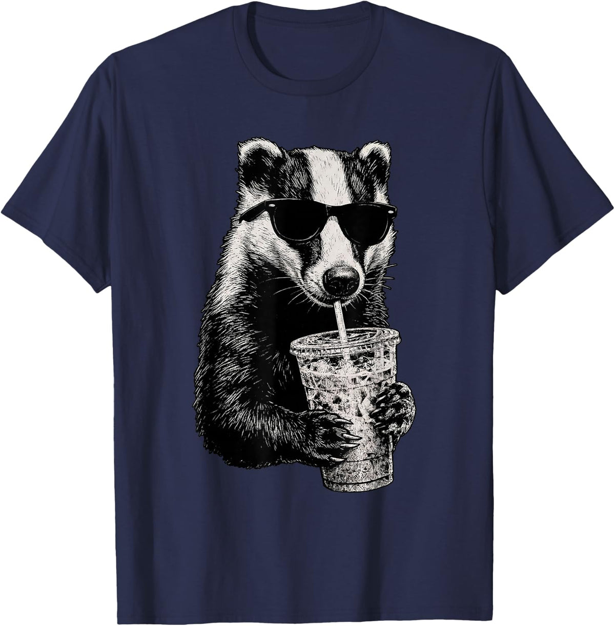 Honey Badger Drinking Iced Coffee Wildlife Animal Humor T-Shirt - Navy Blue