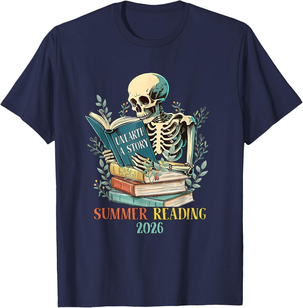 Unearth A Story Summer Reading 2026 Vintage Skeleton Reader Tees T-Shirt - Navy Blue