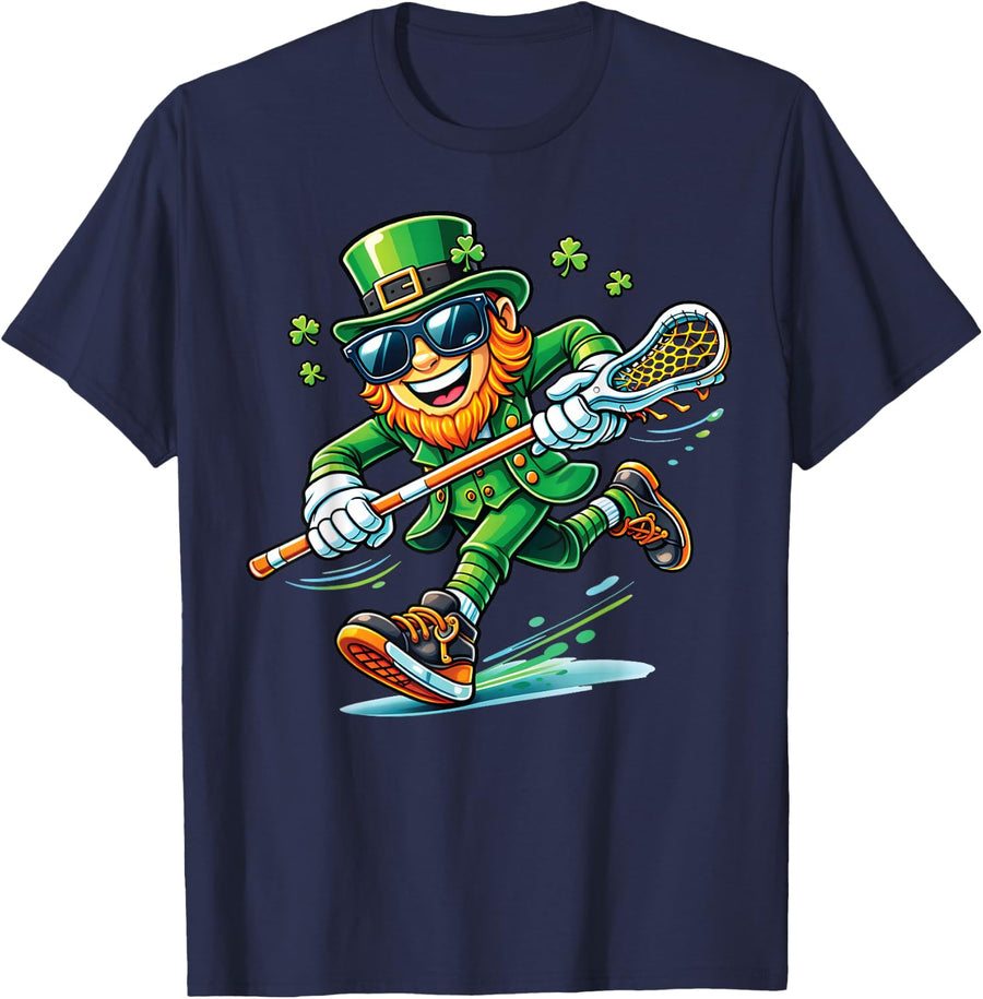 Leprechaun Playing Lacrosse St Patricks Day Sports Boys T-Shirt - Navy Blue