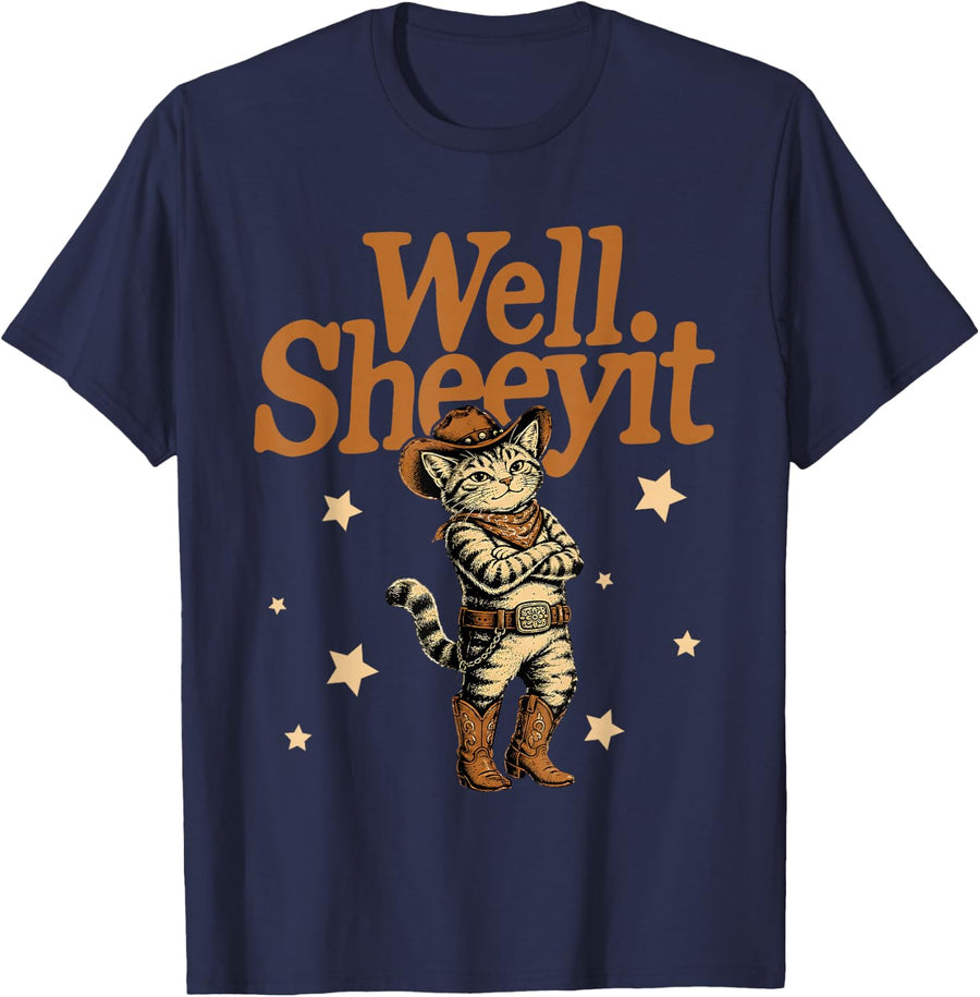 Well Sheeyit Funny Cowboy Cat Vintage Western Humor Art T-Shirt - Navy Blue