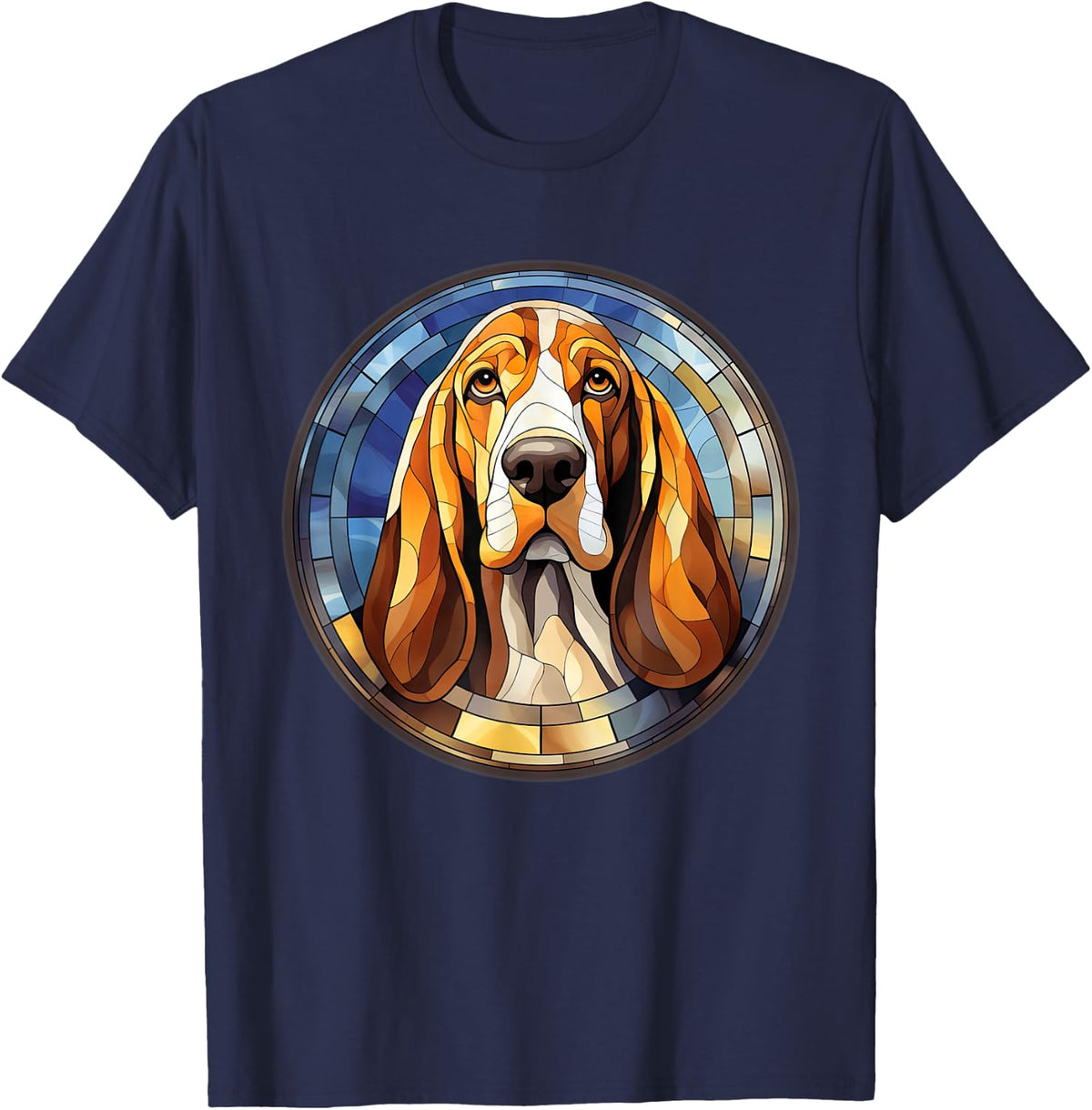 Basset Hound Dog Owner Stained Glass Full Face Art Design T-Shirt - Navy Blue