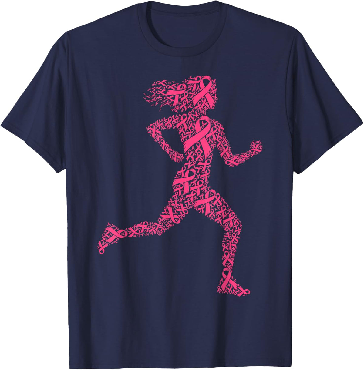 Breast Cancer Running Pink Ribbon Trail Runner Marathon Run T-Shirt - Navy Blue