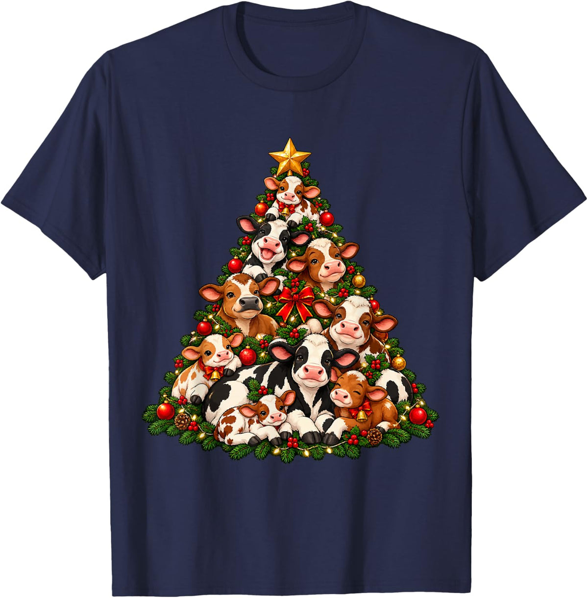 Cow Lover Christmas Tree T-Shirt - Navy Blue