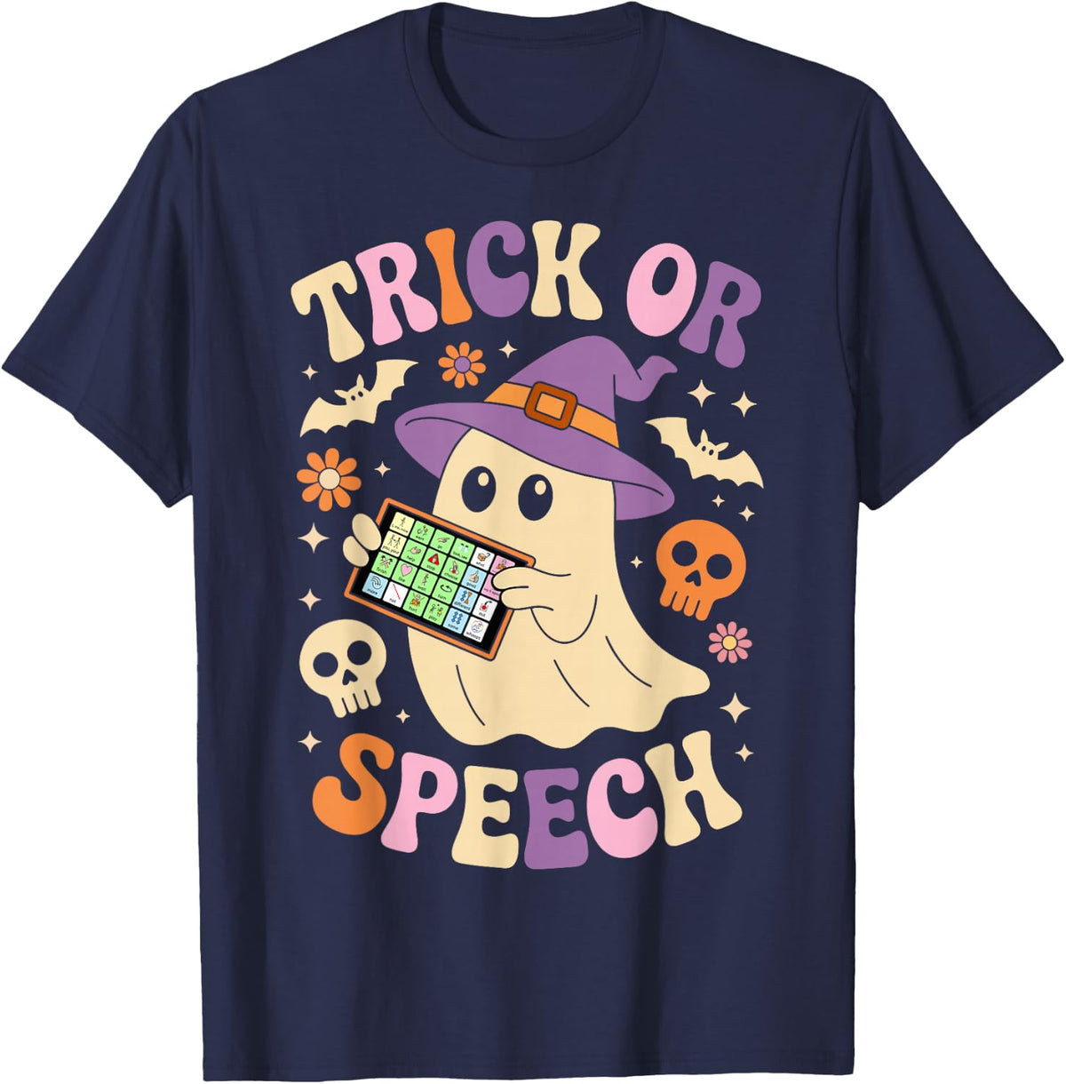 Trick or Speech - SLP Language Pathologist Halloween T-Shirt - Navy Blue
