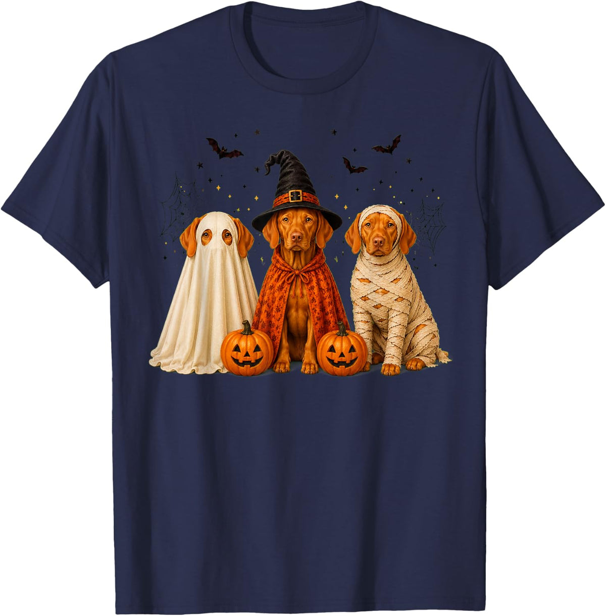 Retro Vizsla Dog Witch Scary Halloween Pumpkin T-Shirt - Navy Blue