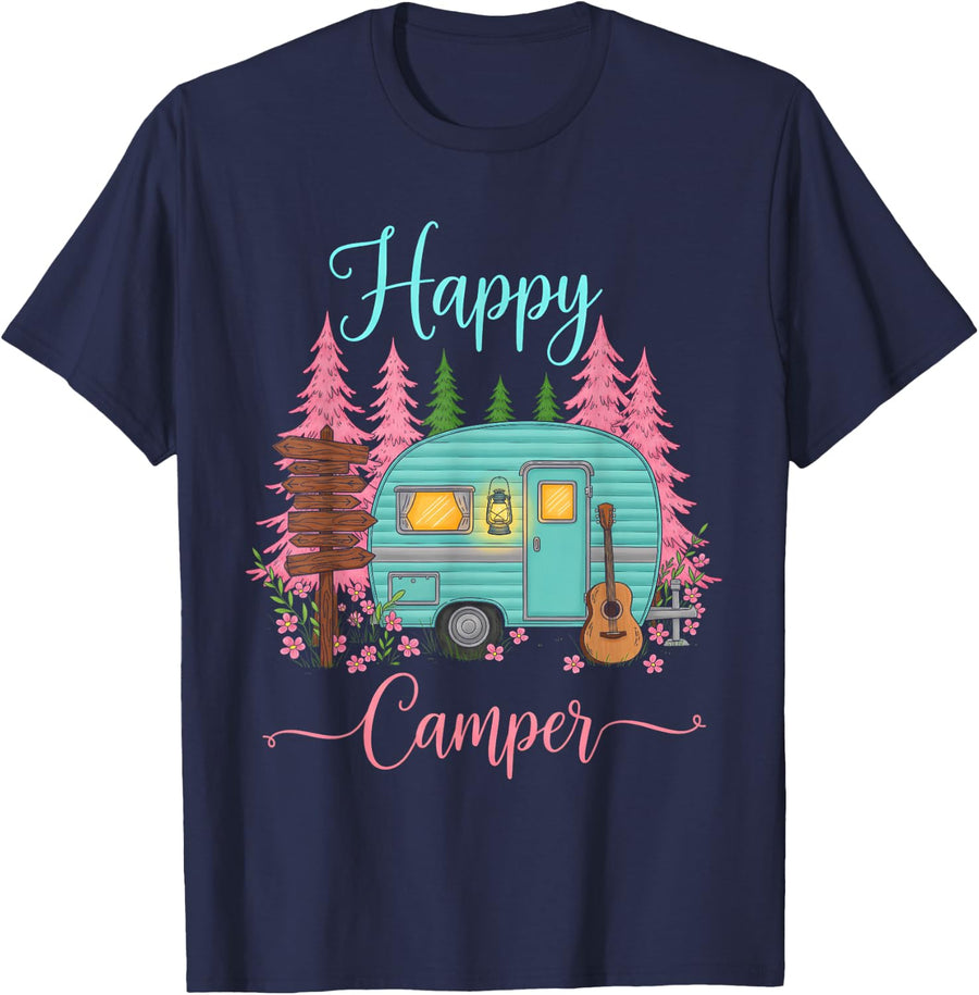 Funny Happy Camping Camper Camp Lover Trailer RV Women Kids T-Shirt - Navy Blue