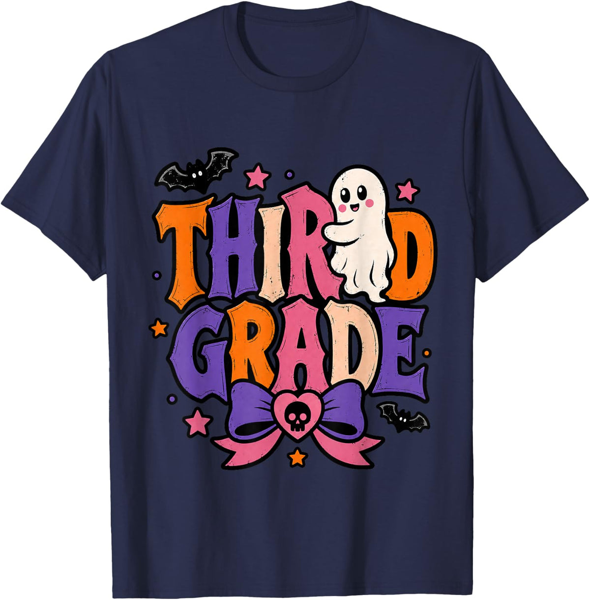 Third Grade Halloween Teacher Student Ghost Coquette Bow T-Shirt - Navy Blue