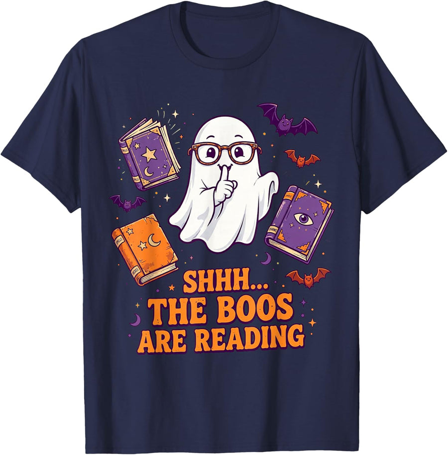 Librarian Reading Bookworm Library Halloween Boo Staff T-Shirt - Navy Blue