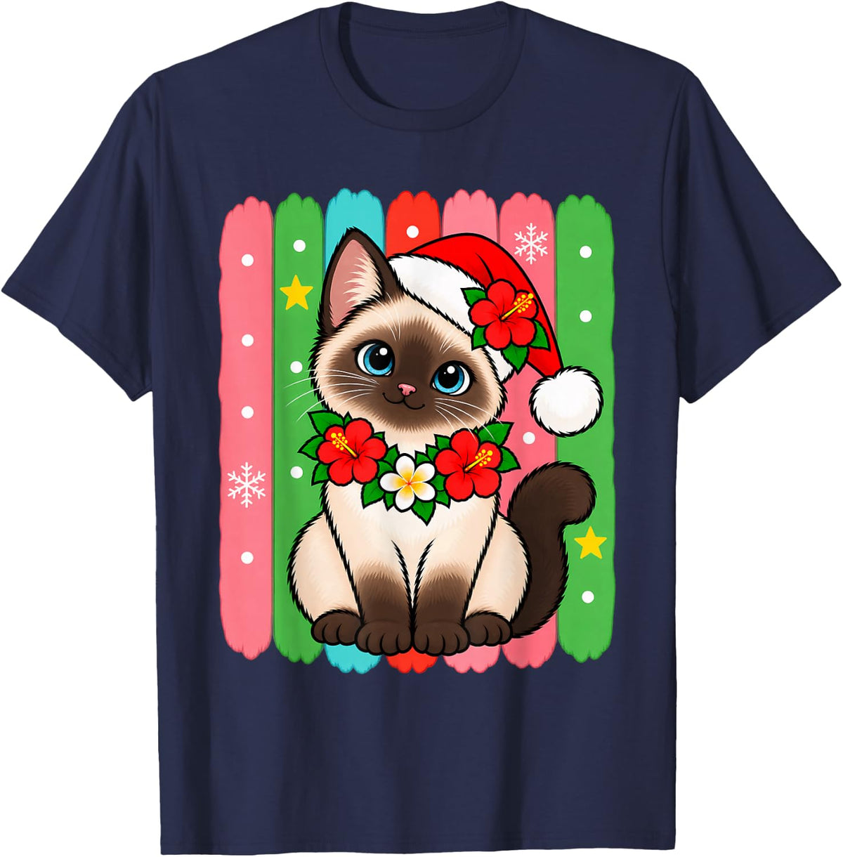Siamese Cat Tropical Christmas Santa Hat Hibiscus Lei T-Shirt - Navy Blue