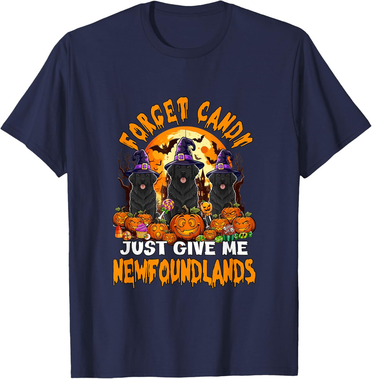 Forget Candy Give Me Newfoundlands Halloween Cosplay Witch T-Shirt - Navy Blue