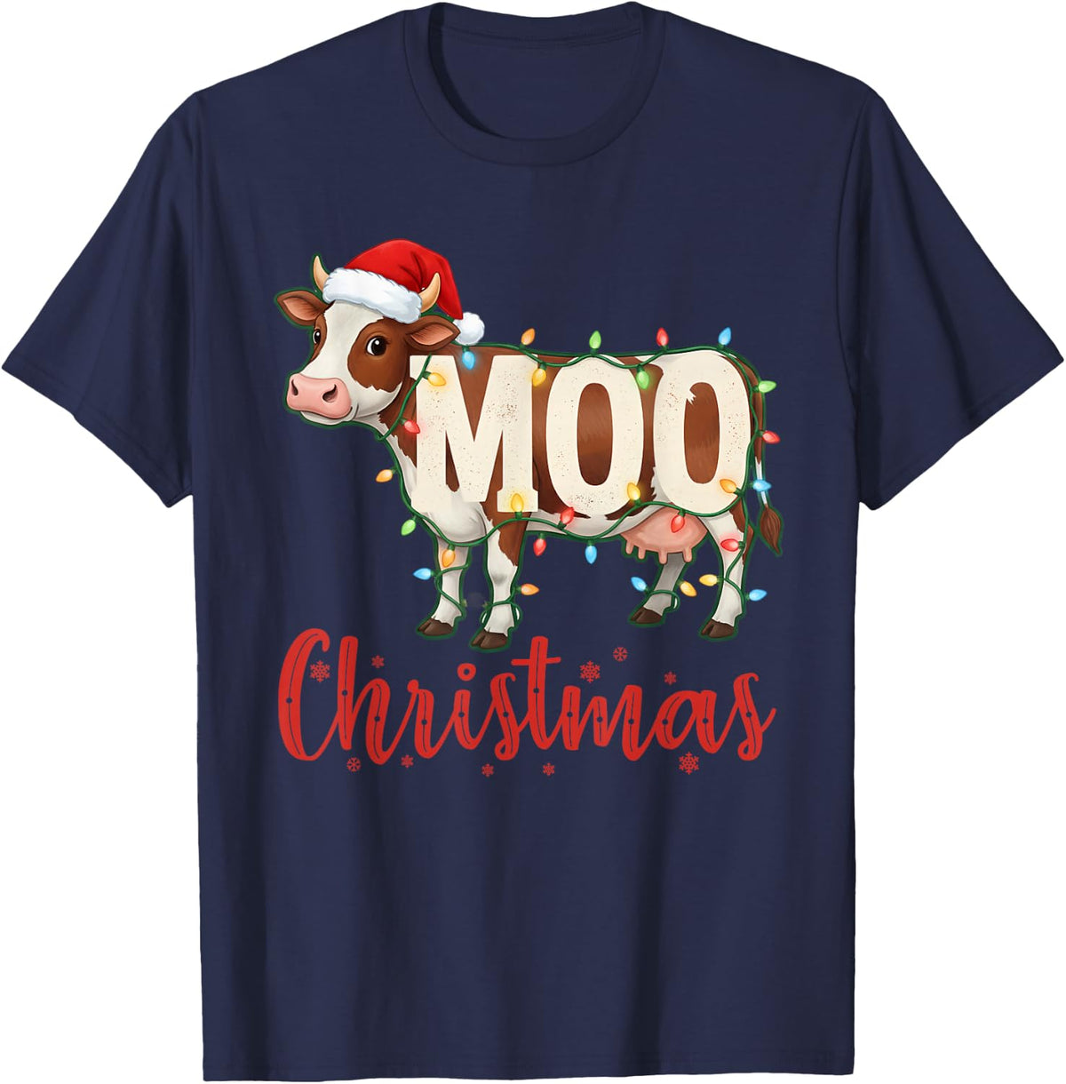 MOO Christmas Lights Funny Cow Lovers Cattle Famer Farming T-Shirt - Navy Blue