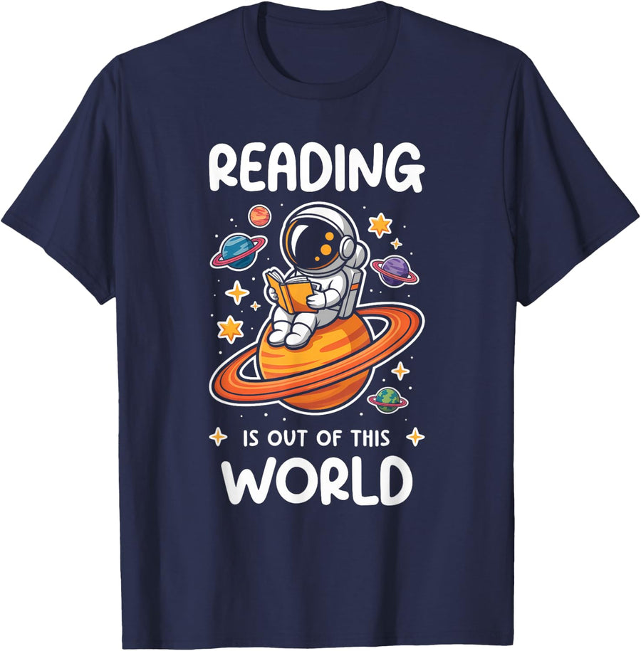 Reading is Out of This World Astronaut Space Book Lover Tee T-Shirt - Navy Blue