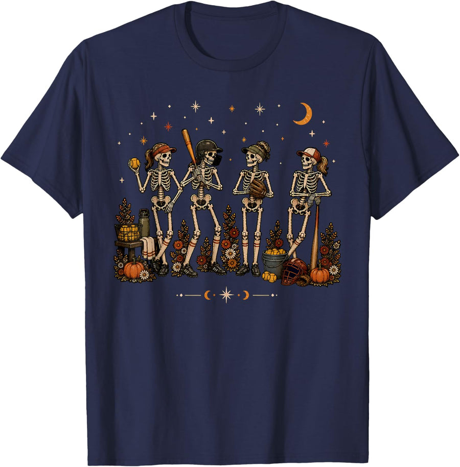Skeleton Softball Sports Softball Mom Women Autumn Halloween T-Shirt - Navy Blue