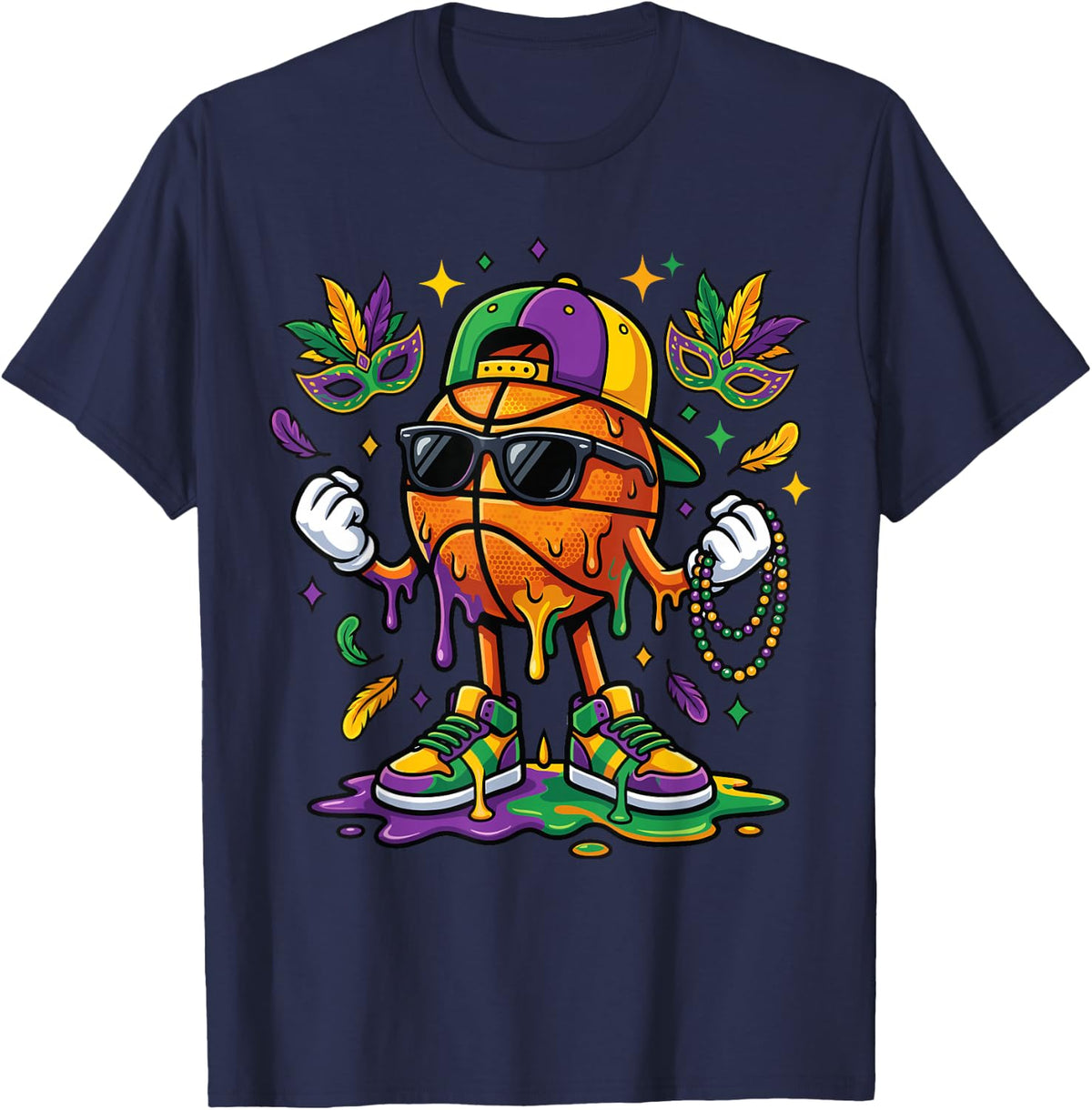 Basketball Ice Cream Drip Festival Carnival Mardi Gras Boys T-Shirt - Navy Blue