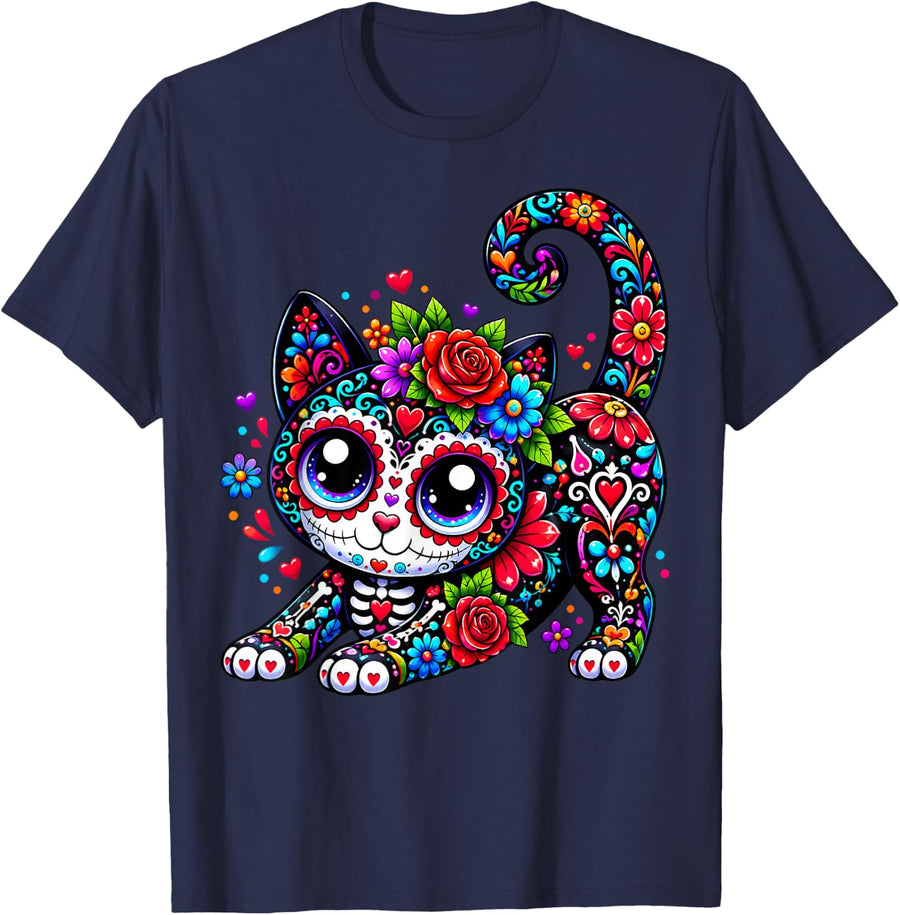 Dia De Los Muertos Cinco De Mayo Cat Sugar Skull Men Women T-Shirt - Navy Blue