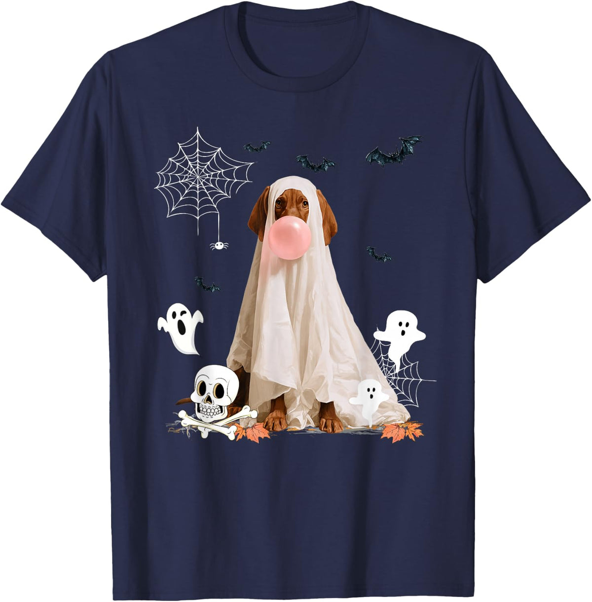 Vizsla Dog Ghost Dressed Funny Halloween Dog Lover T-Shirt - Navy Blue