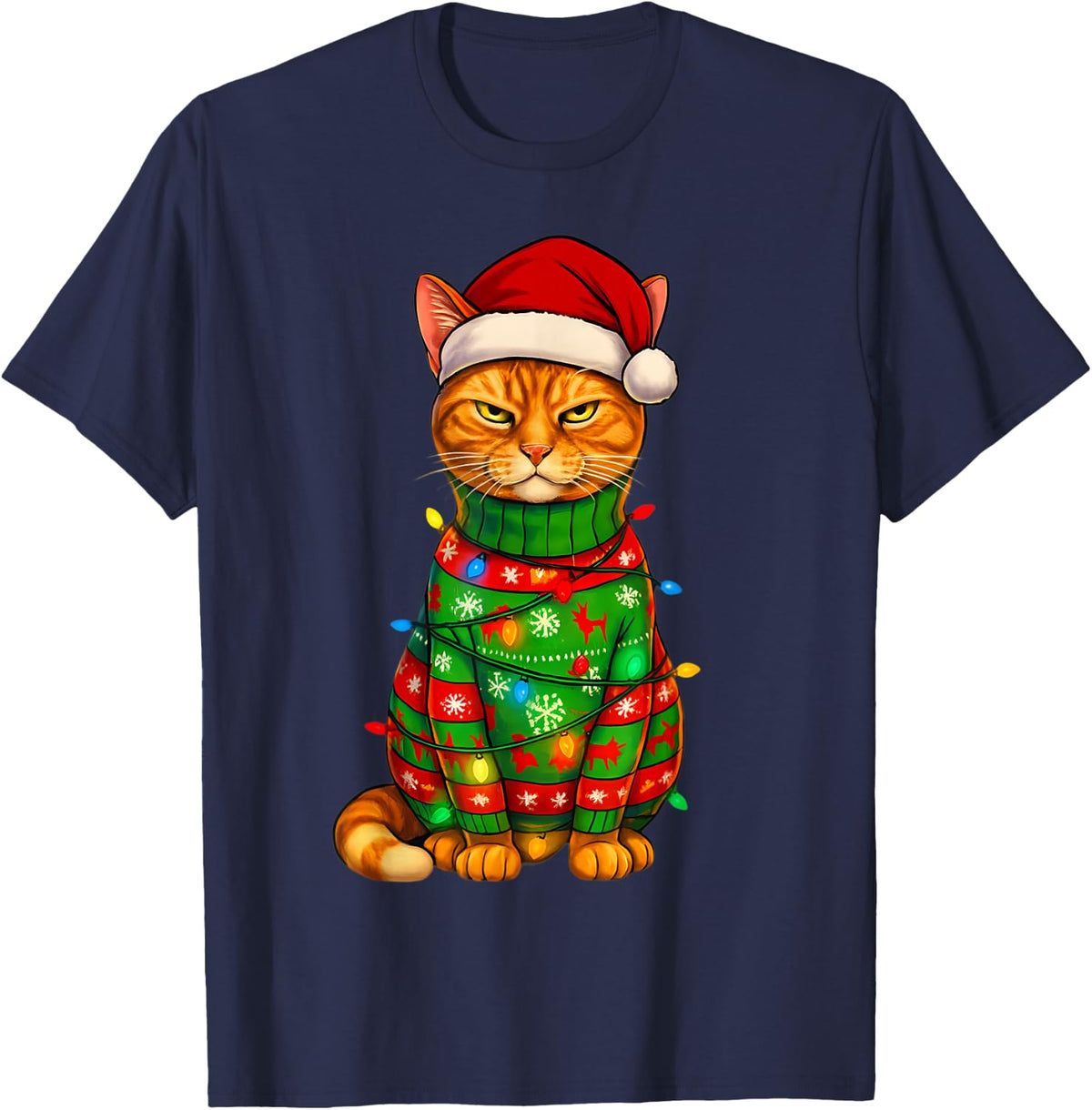 Orange Tabby Cat Christmas Lights Funny Santa Holiday Cats T-Shirt - Navy Blue