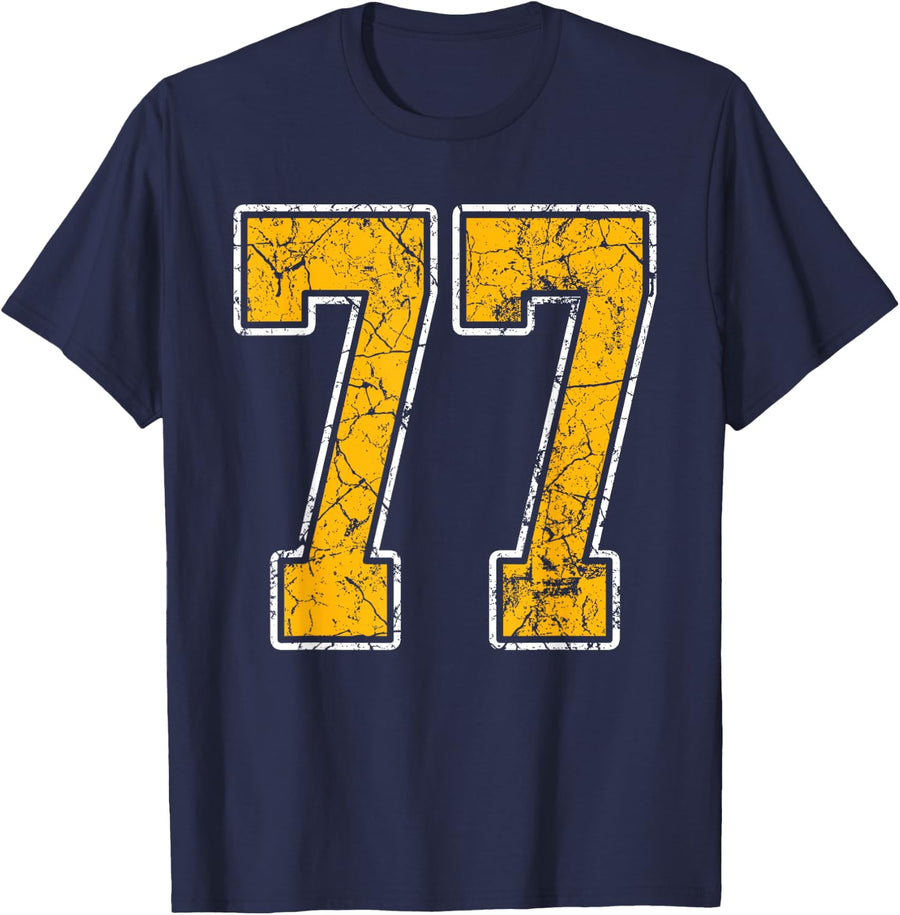 Gold and White Number 77 Jersey Shirt Team Sports Game Fan T-Shirt - Navy Blue