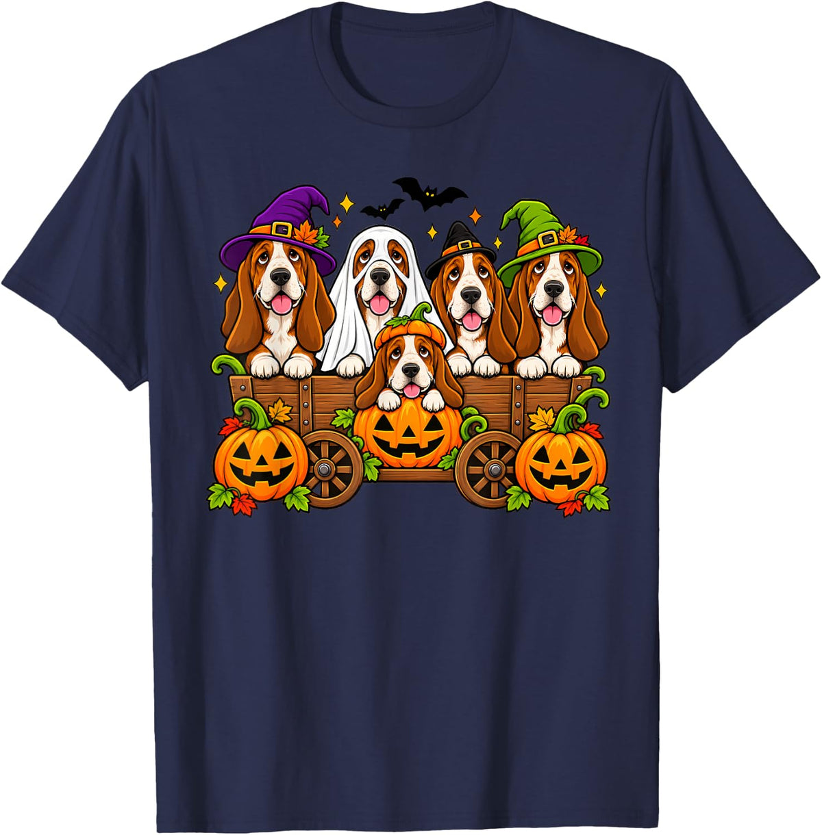 Halloween Basset Hound Dog Witch Fall Pumpkin Pet Owner T-Shirt - Navy Blue