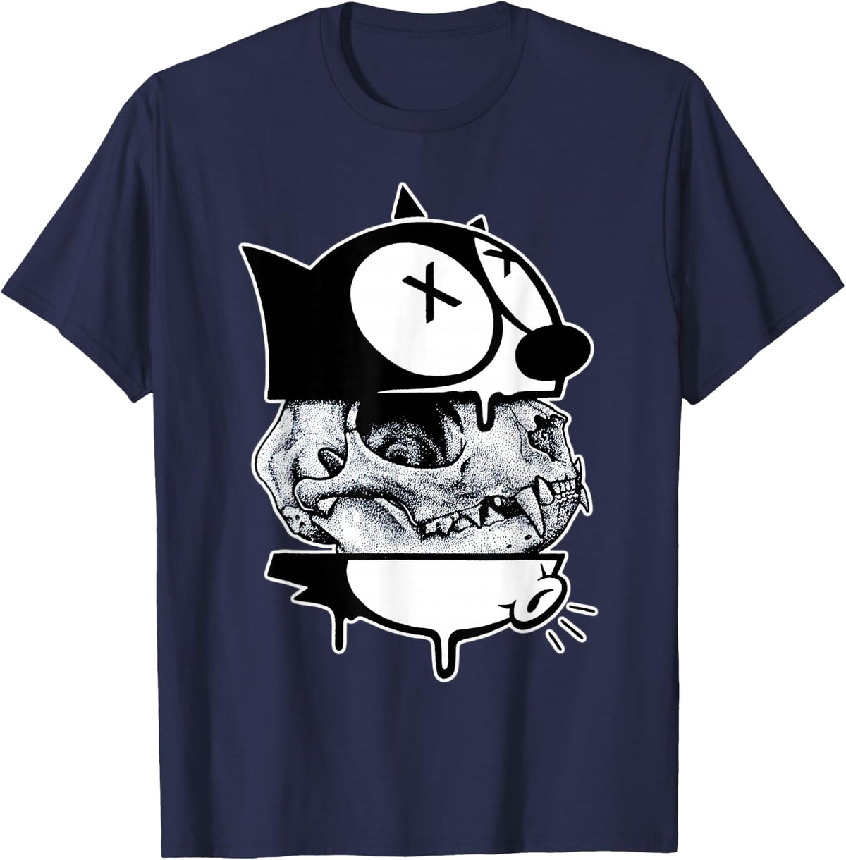 Felix Cat x Skull x Cat Skull Blackwork T-Shirt - Navy Blue