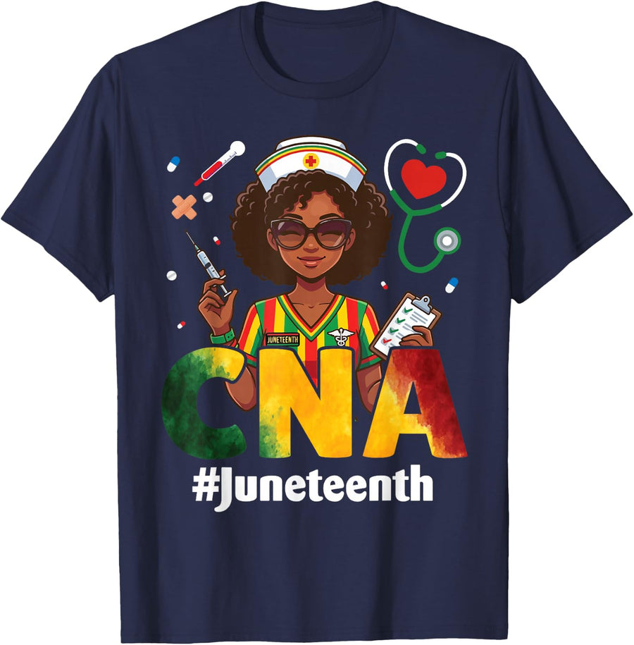 Juneteenth CNA Certified Nursing Assistant Tees Black Woman Nurse T Shirts - Navy Blue