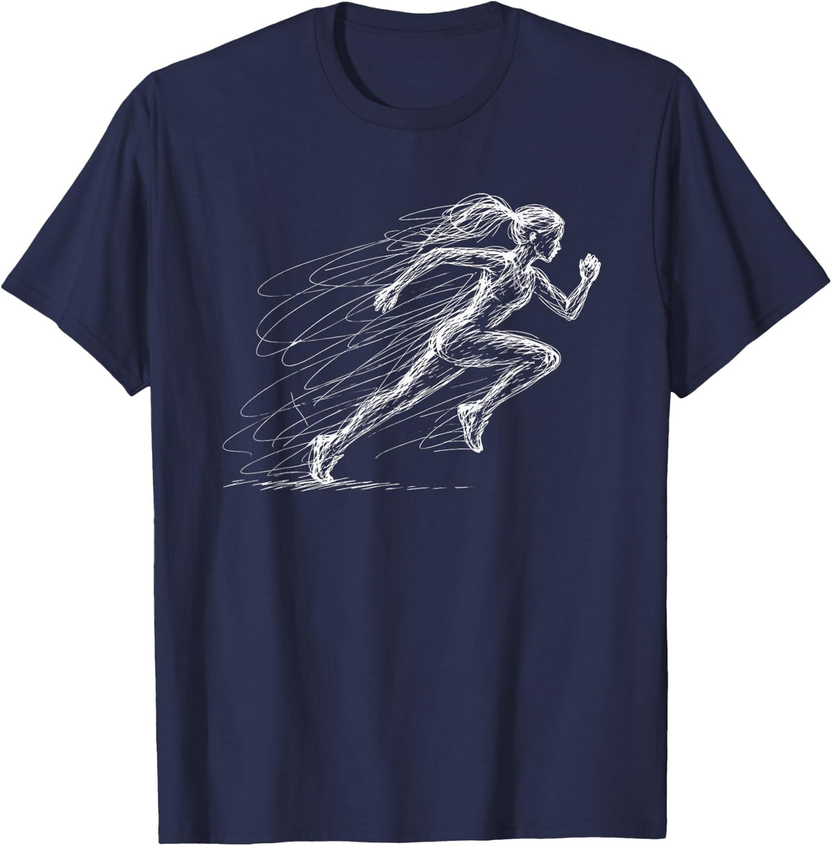 Abstract Women's Sprint Runner Scribble Line Art Marathon T-Shirt - Navy Blue